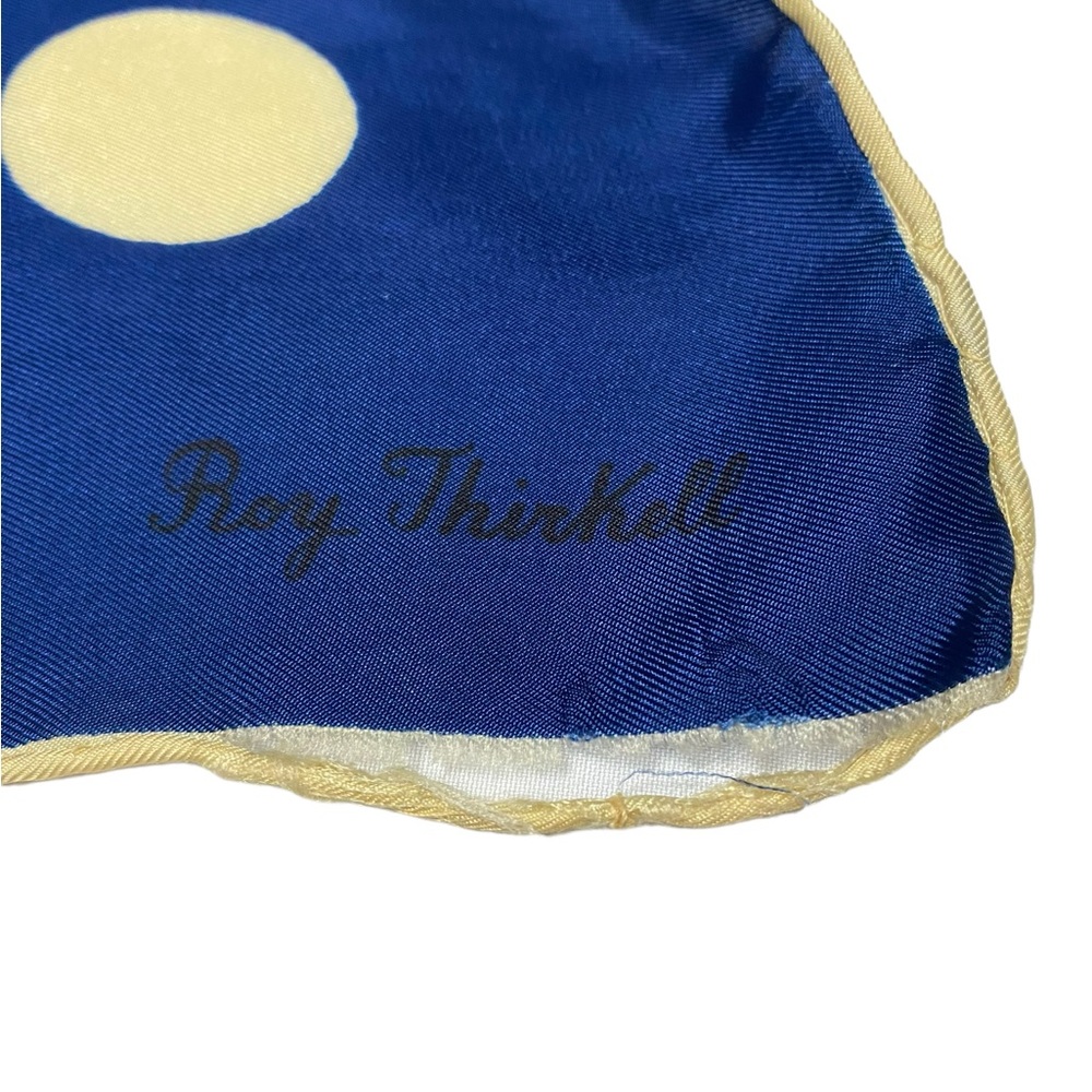 Vintage Roy Thirkell Silk Scarf. Royal Blue w/white polka dots. Worn. - Picture 3 of 4
